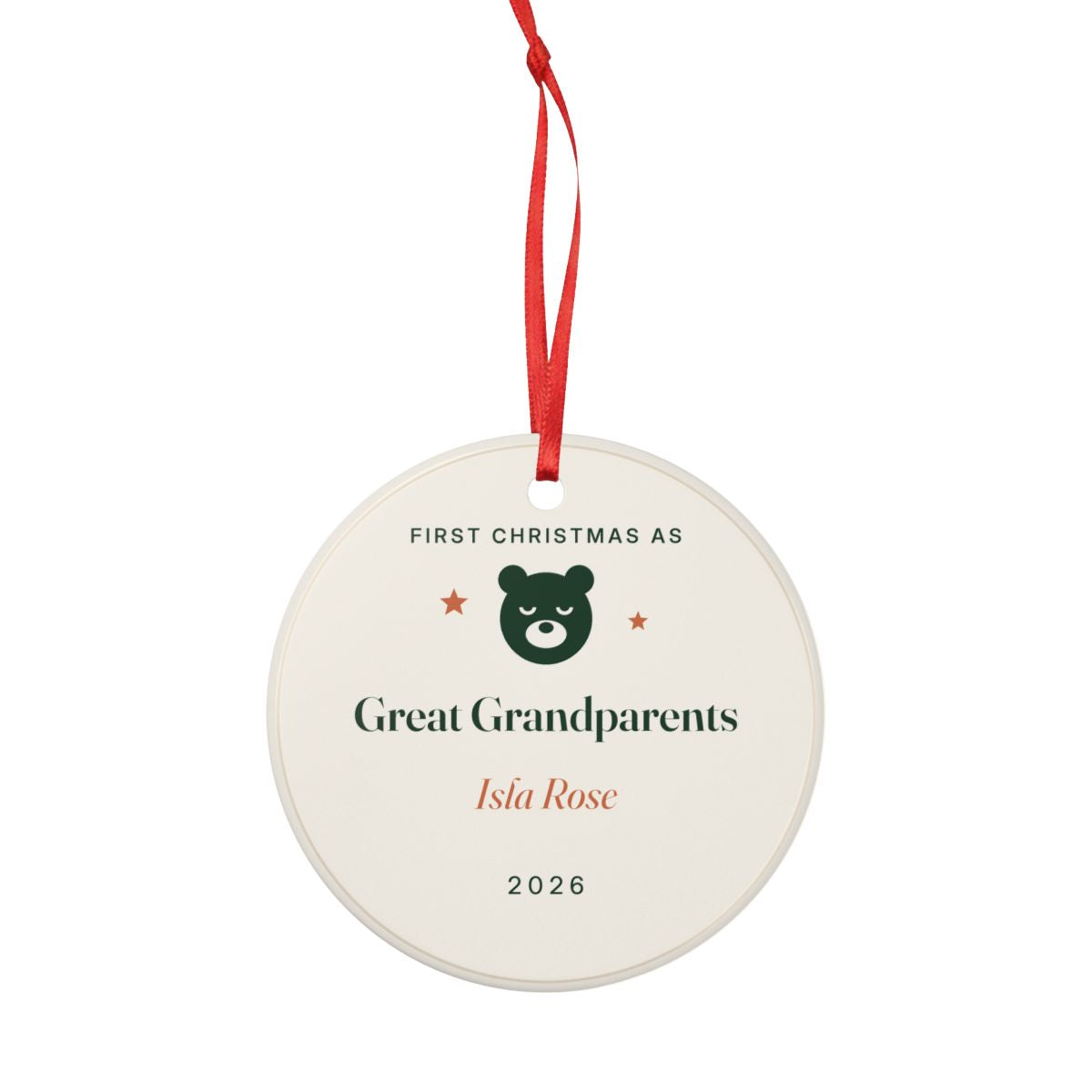 Personalised first Christmas as great grandparents ornament mock-up hanging on its red ribbon, showing 'Isla Rose' and '2026'