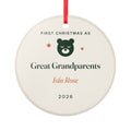 Personalised first Christmas as great grandparents ornament mock-up, round ceramic with a bear and 'Isla Rose'