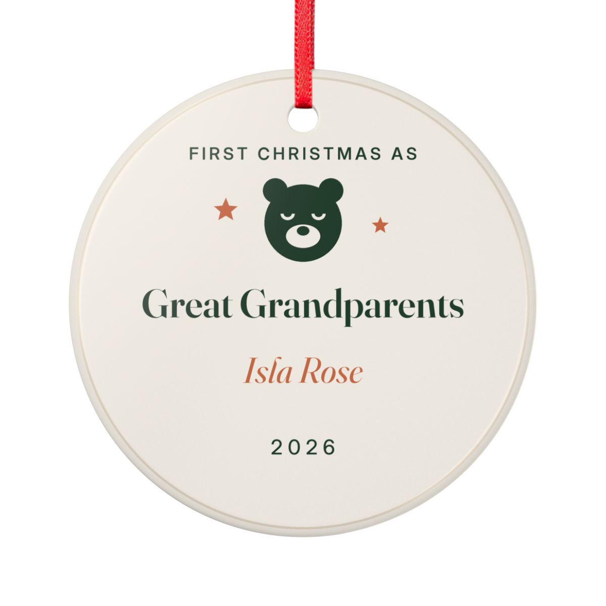 Personalised first Christmas as great grandparents ornament mock-up, round ceramic with a bear and 'Isla Rose'