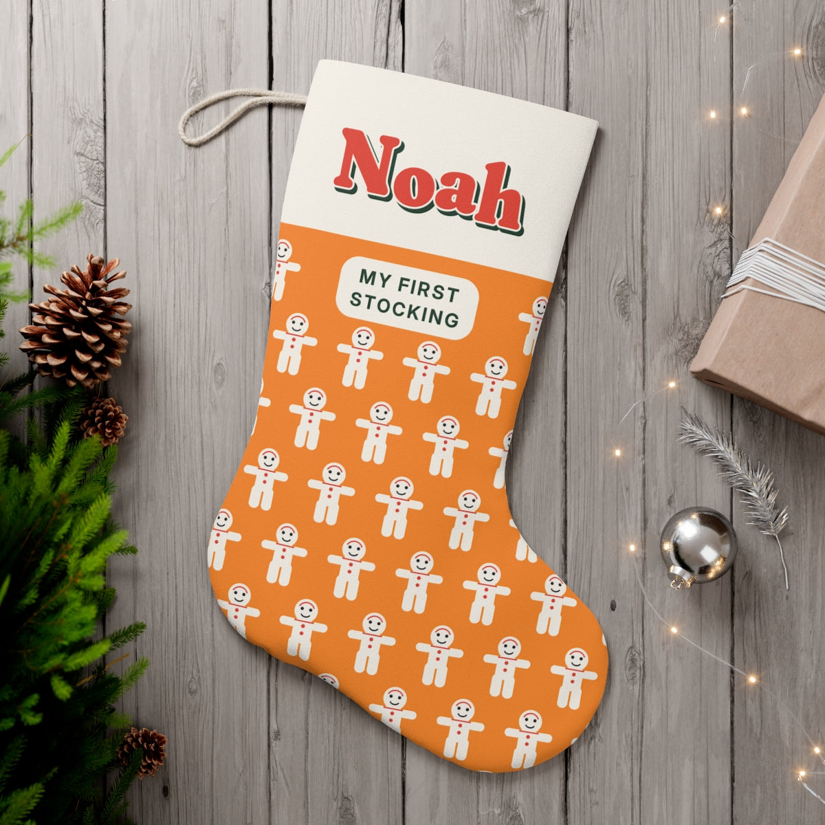Personalised Gingerbread Christmas Stocking with Name, Kept by You, personalised and printed in the UK (view 2)