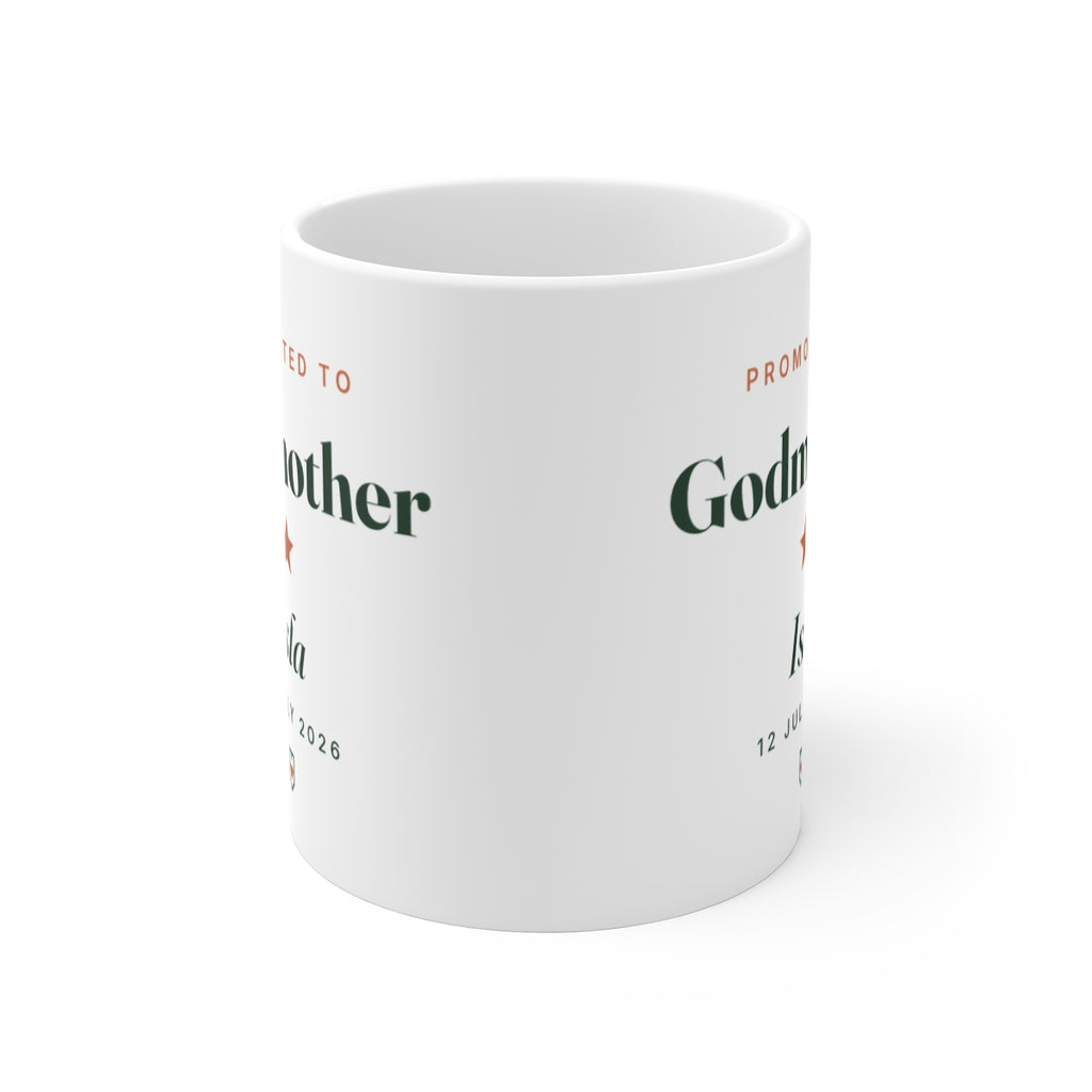 Personalised godmother mug mock-up seen from the front with the print wrapping round both sides of the mug