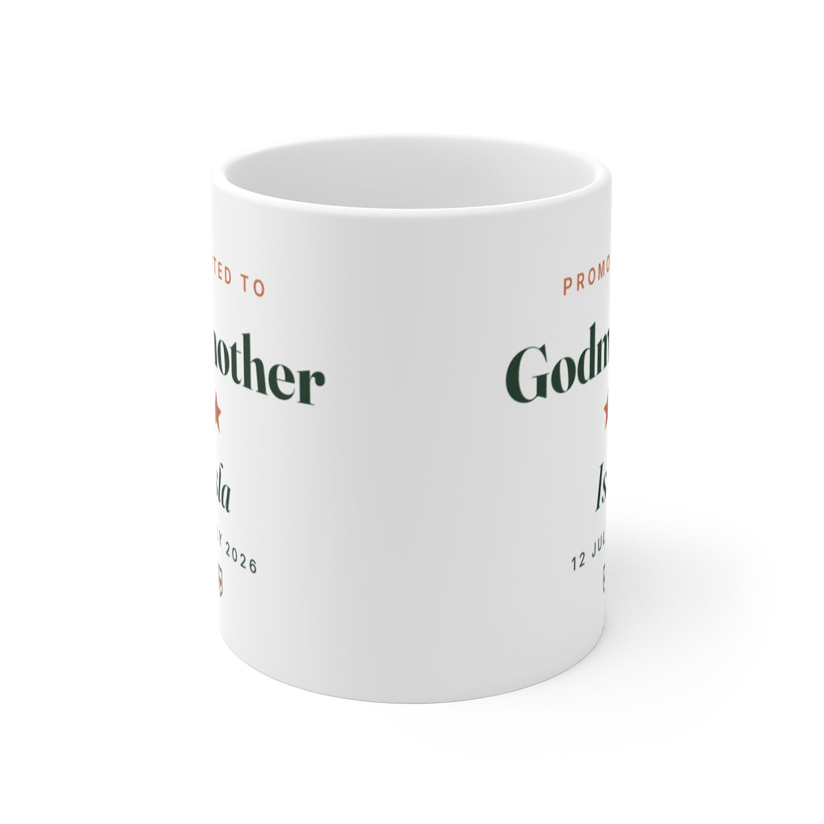 Personalised godmother mug mock-up seen from the front with the print wrapping round both sides of the mug
