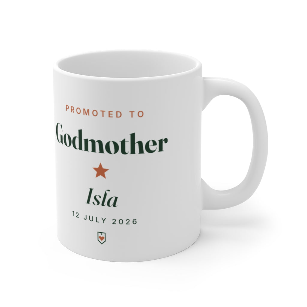 Personalised godmother mug mock-up with the handle on the right, showing the same 'Promoted to Godmother' print