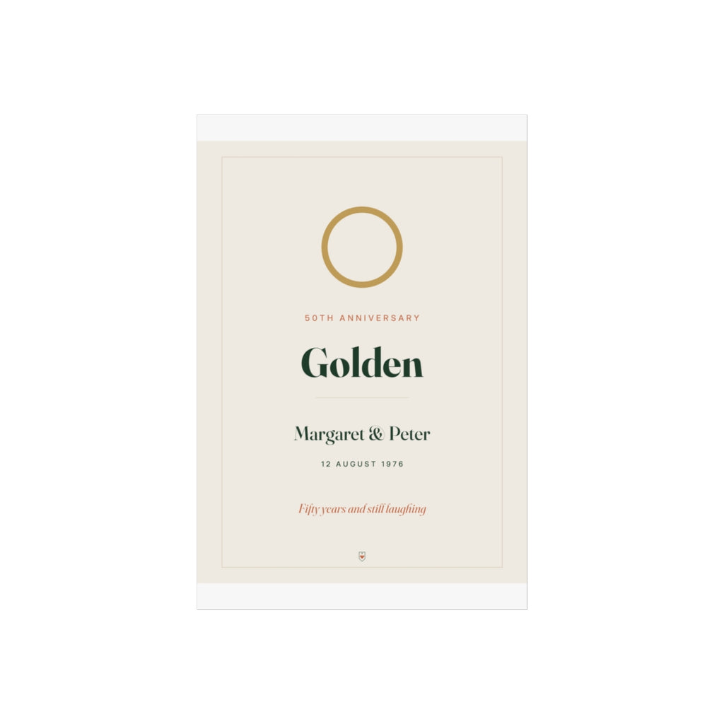Personalised golden wedding anniversary print mock-up, flat view at the smaller size with the gold ring and 'Golden'