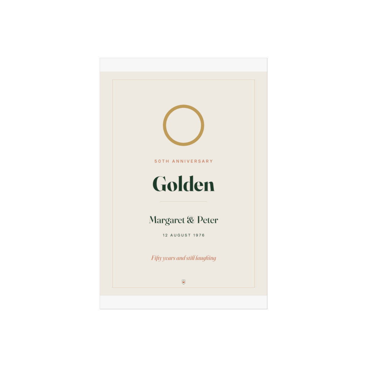 Personalised golden wedding anniversary print mock-up, flat view at the smaller size with the gold ring and 'Golden'