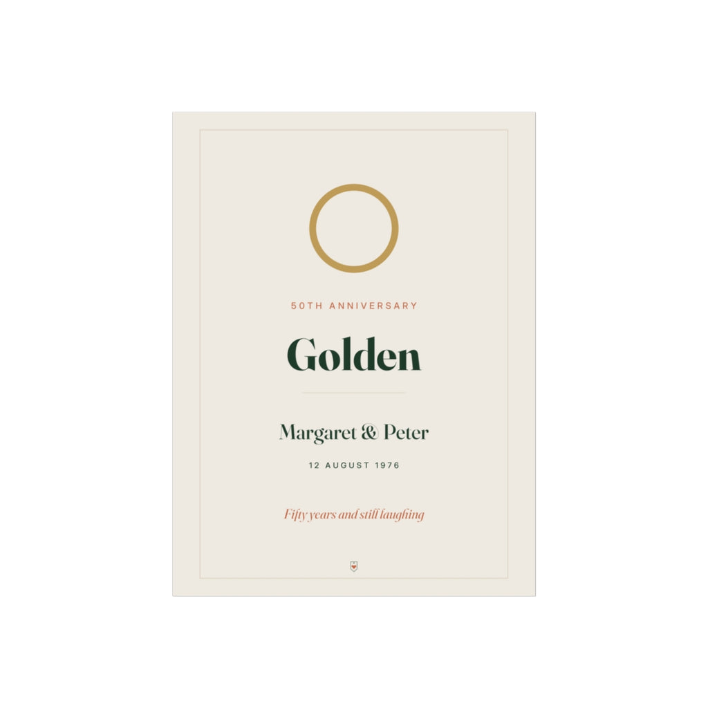 Personalised golden wedding anniversary print mock-up with a gold ring, 'Golden', 'Margaret & Peter' and '12 August 1976'