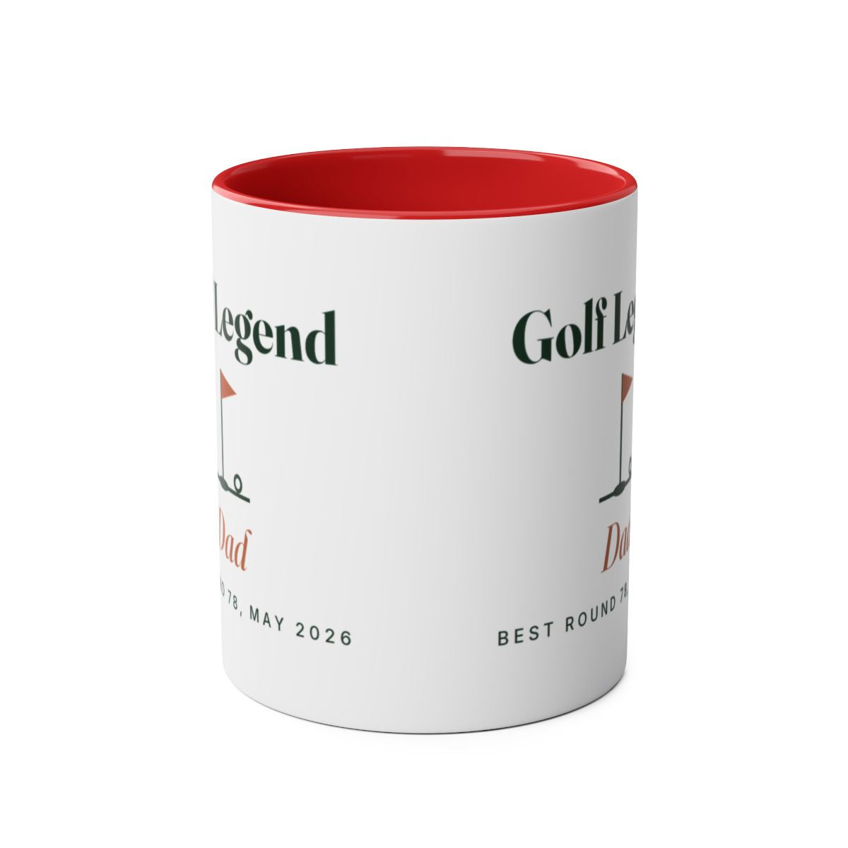 Personalised golf legend two-tone mug mock-up in red seen from the front, print wrapping round both sides