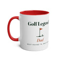 Personalised golf legend two-tone mug mock-up with a red handle and inside, 'Golf Legend', a flag and ball and 'Dad'