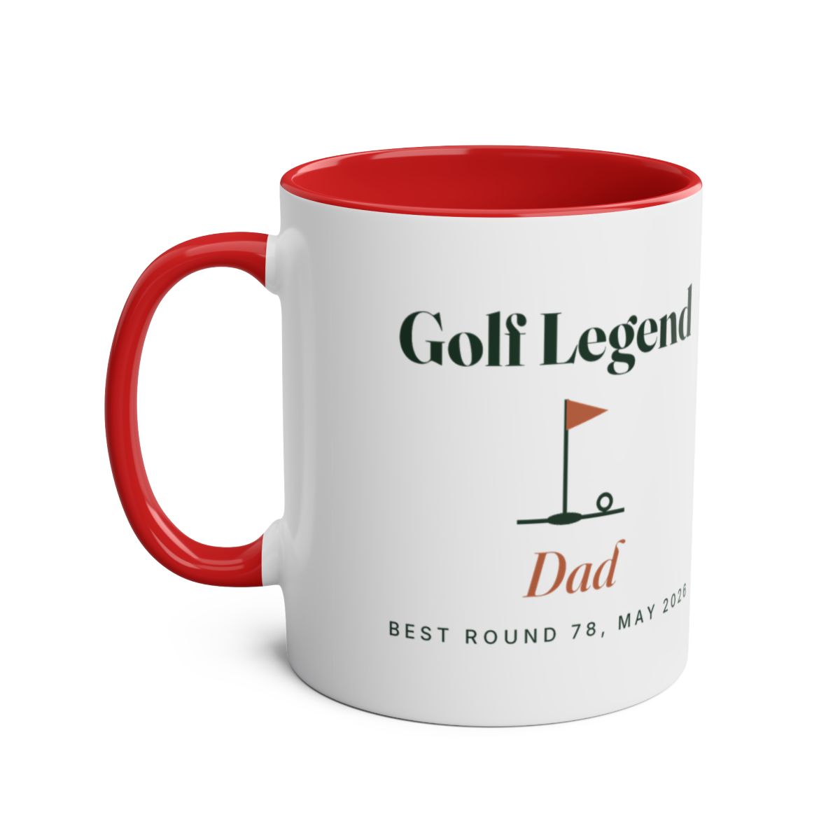 Personalised golf legend two-tone mug mock-up with a red handle and inside, 'Golf Legend', a flag and ball and 'Dad'