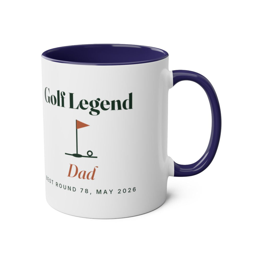 Personalised golf legend two-tone mug mock-up in dark blue with the handle on the right, showing 'Golf Legend' and 'Dad'