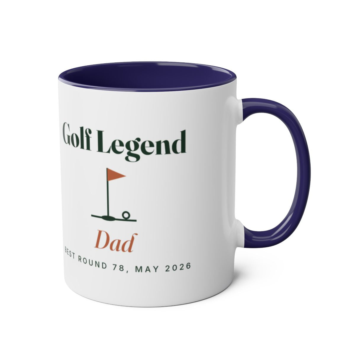 Personalised golf legend two-tone mug mock-up in dark blue with the handle on the right, showing 'Golf Legend' and 'Dad'