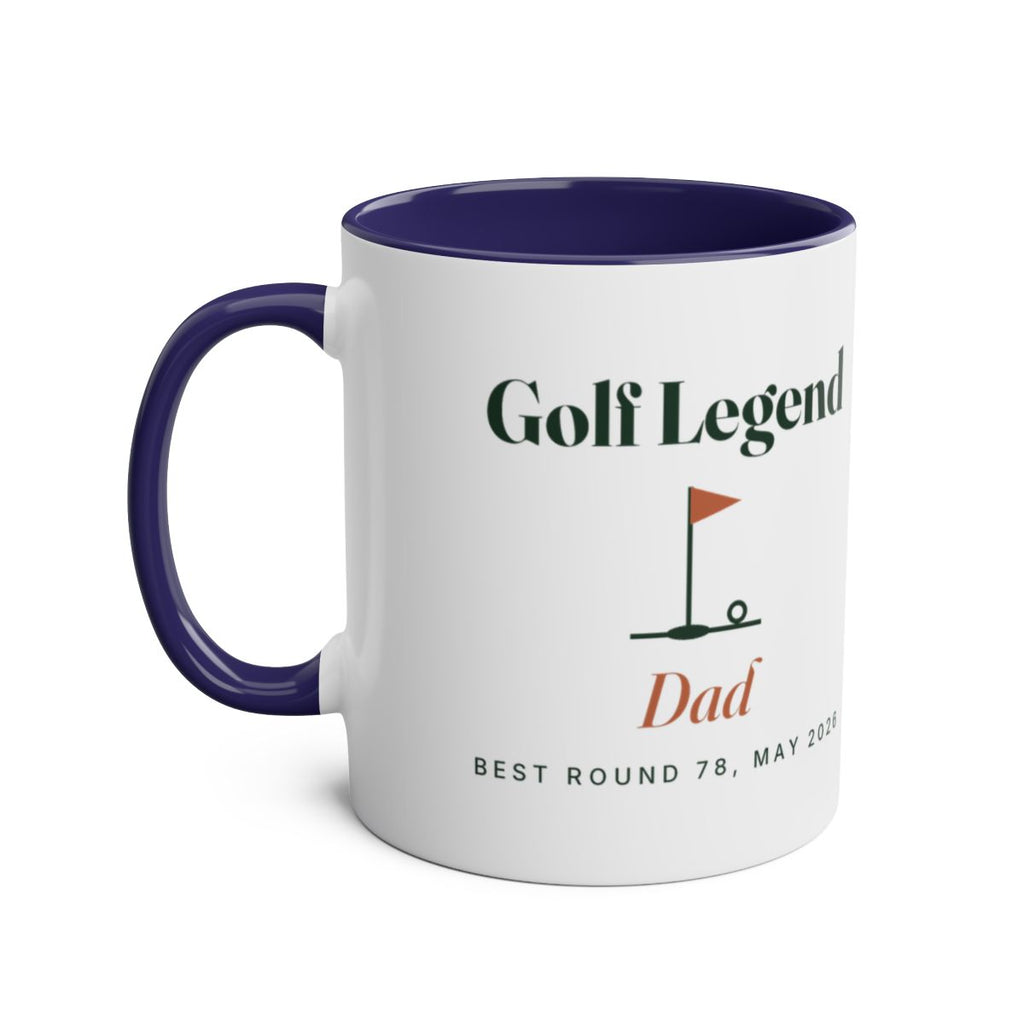 Personalised golf legend two-tone mug mock-up with a dark blue handle and inside, handle on the left