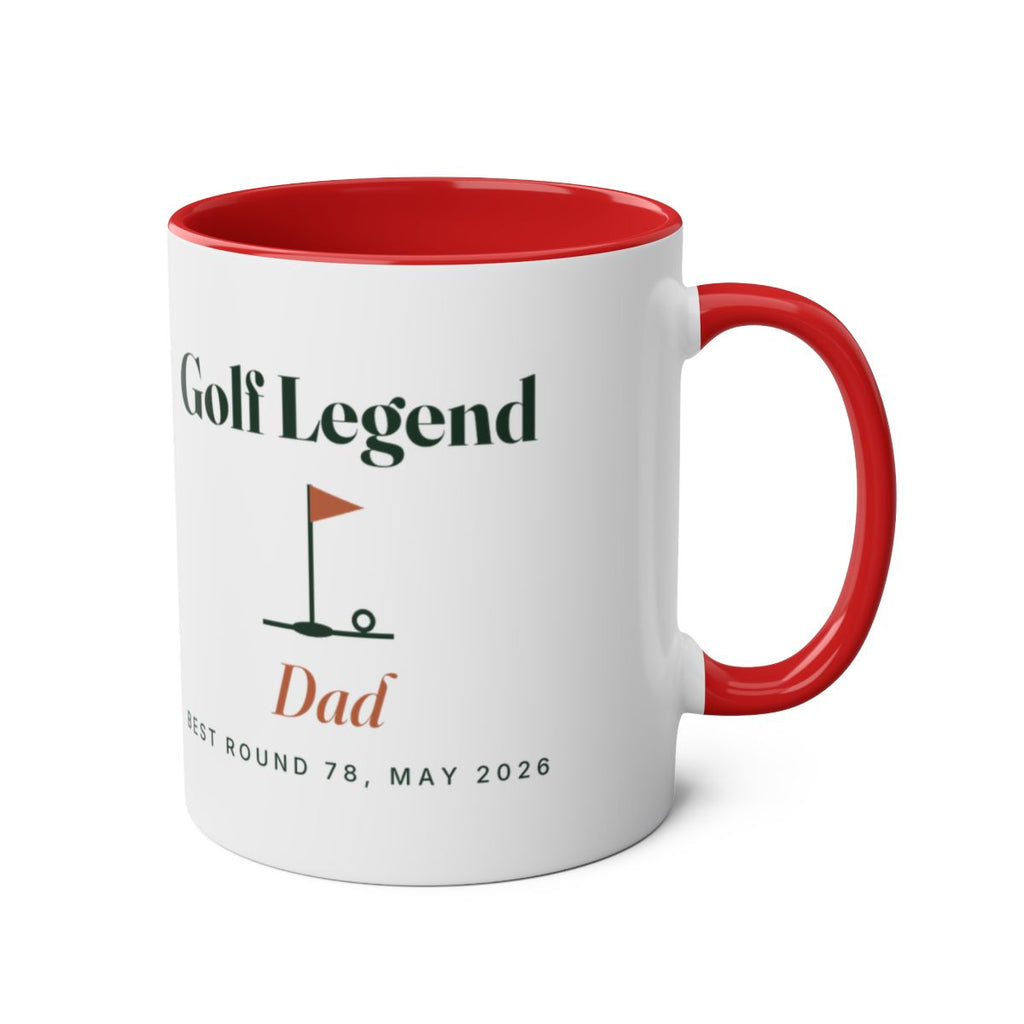Personalised golf legend two-tone mug mock-up in red with the handle on the right, showing 'Golf Legend' and 'Dad'