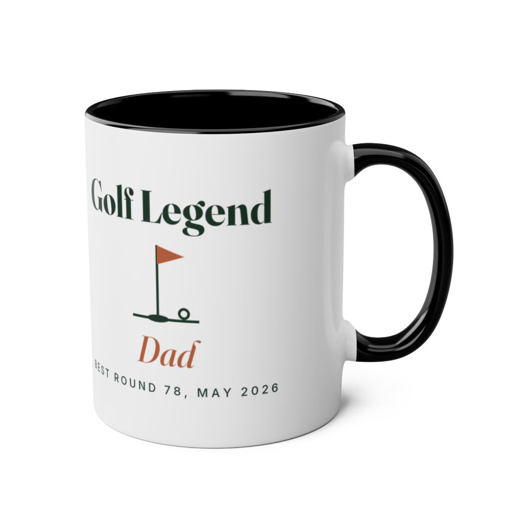 Personalised golf legend two-tone mug mock-up in black with the handle on the right, showing 'Golf Legend' and 'Dad'