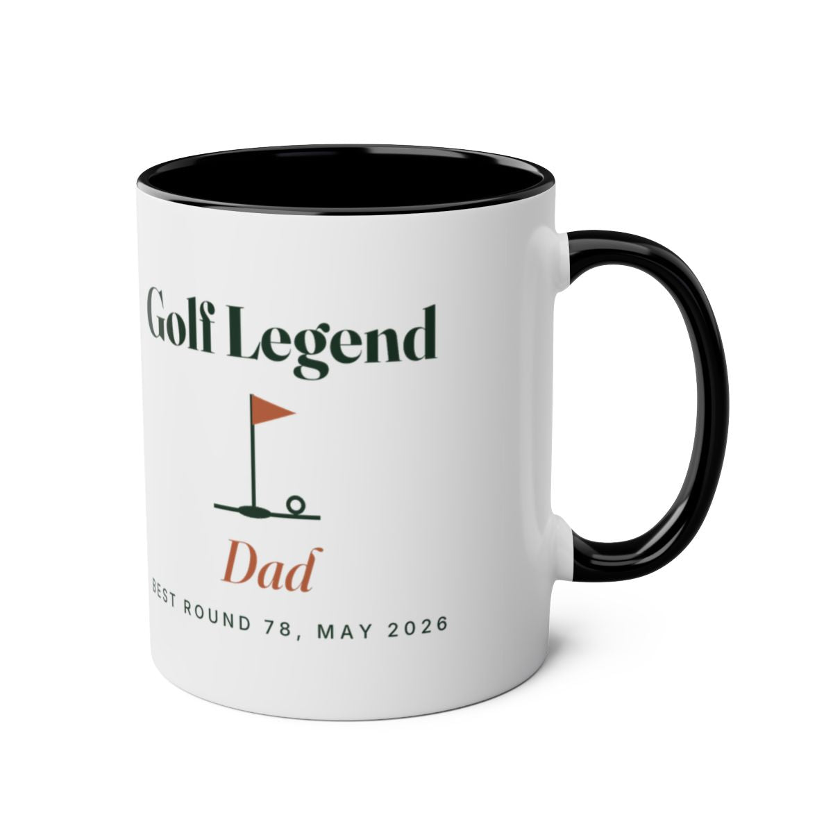 Personalised golf legend two-tone mug mock-up in black with the handle on the right, showing 'Golf Legend' and 'Dad'