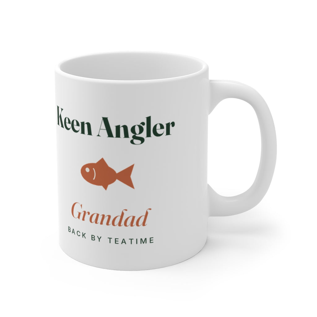 Personalised keen angler mug mock-up with the handle on the right, showing the fish motif and sample name 'Grandad'