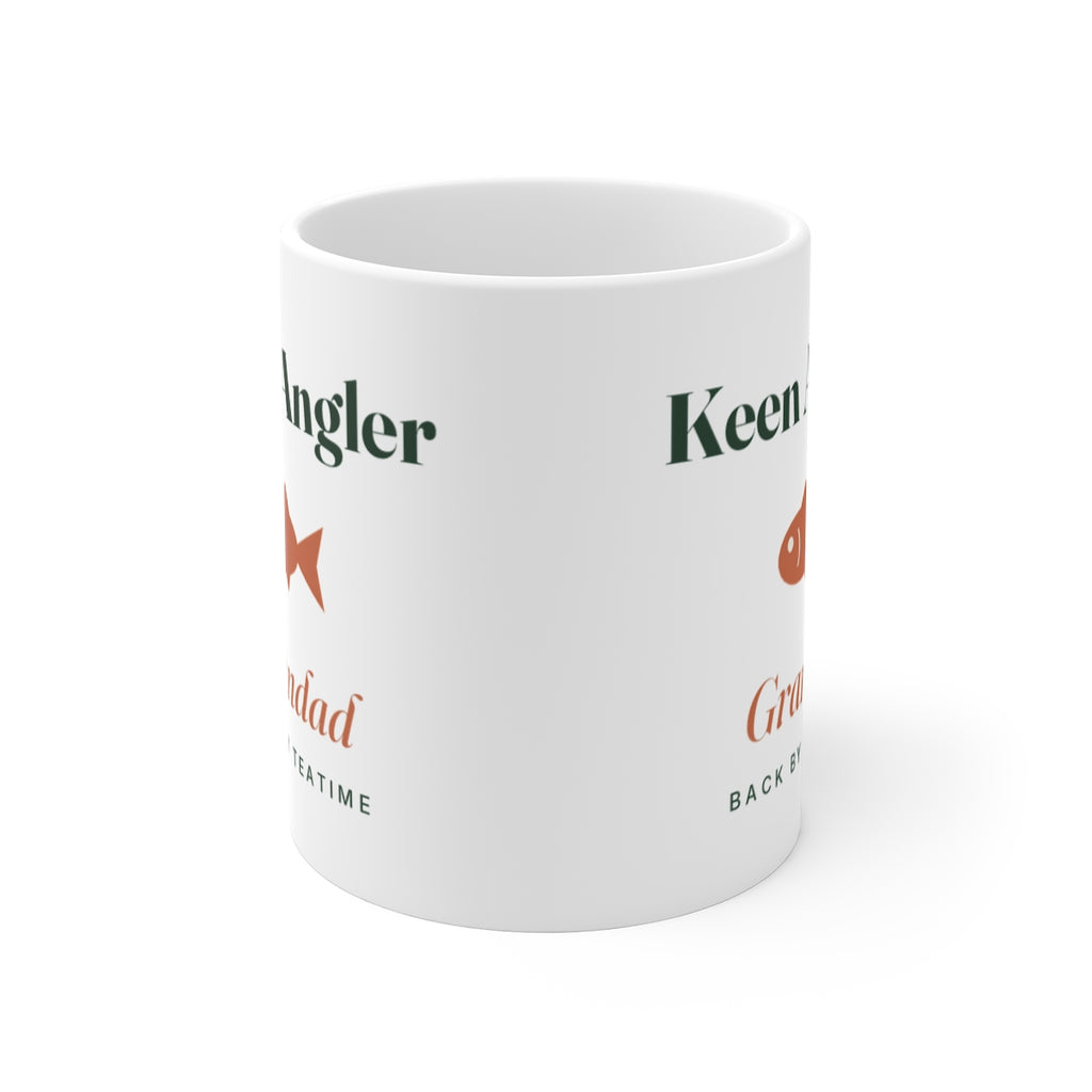 Personalised keen angler mug mock-up seen from the front, showing the design printed on both sides of the white mug