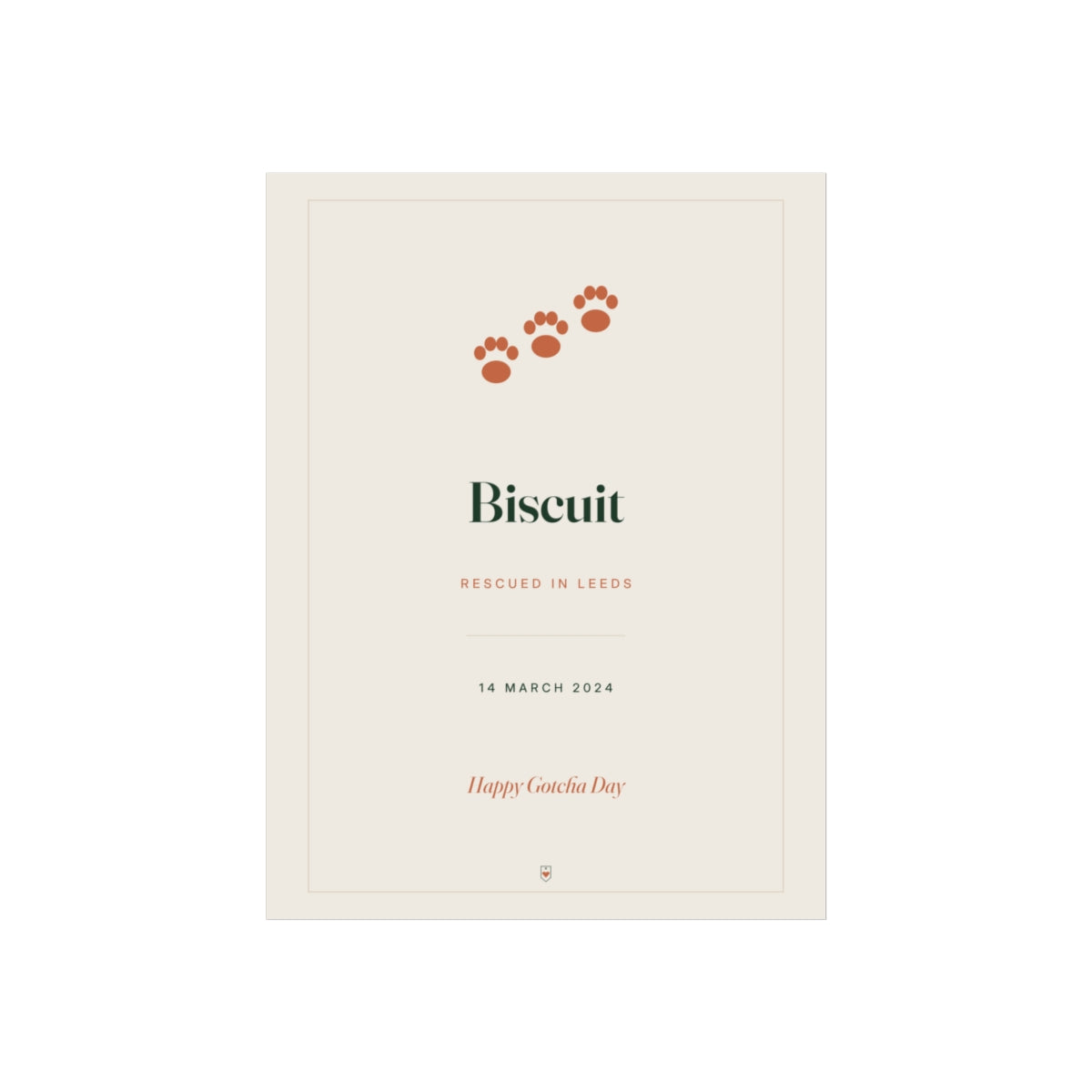 Personalised gotcha day print mock-up with three orange paw prints, 'Biscuit', '14 March 2024' and 'Happy Gotcha Day'