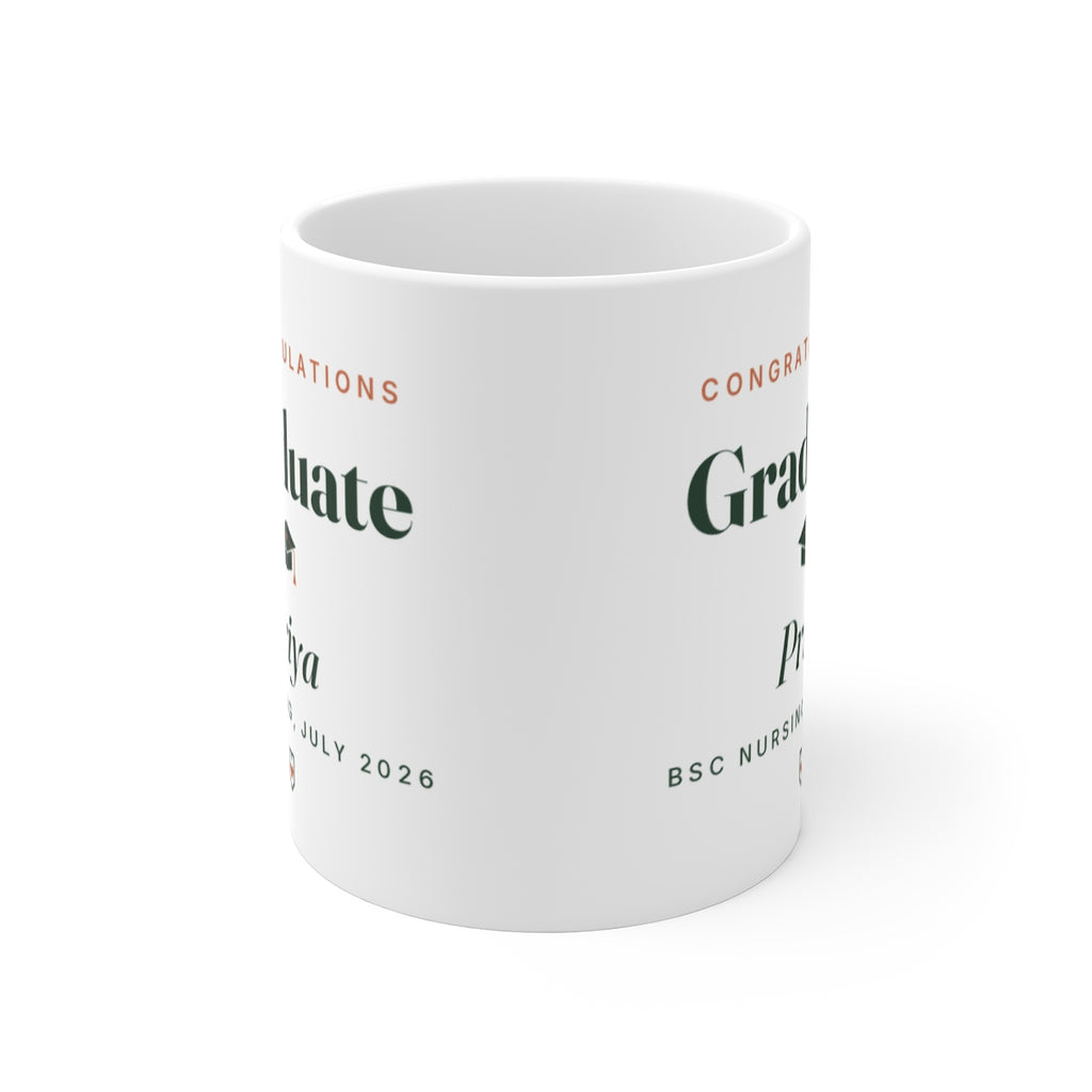 Personalised graduation mug mock-up from the front, handle hidden, showing the design printed on both sides of the mug