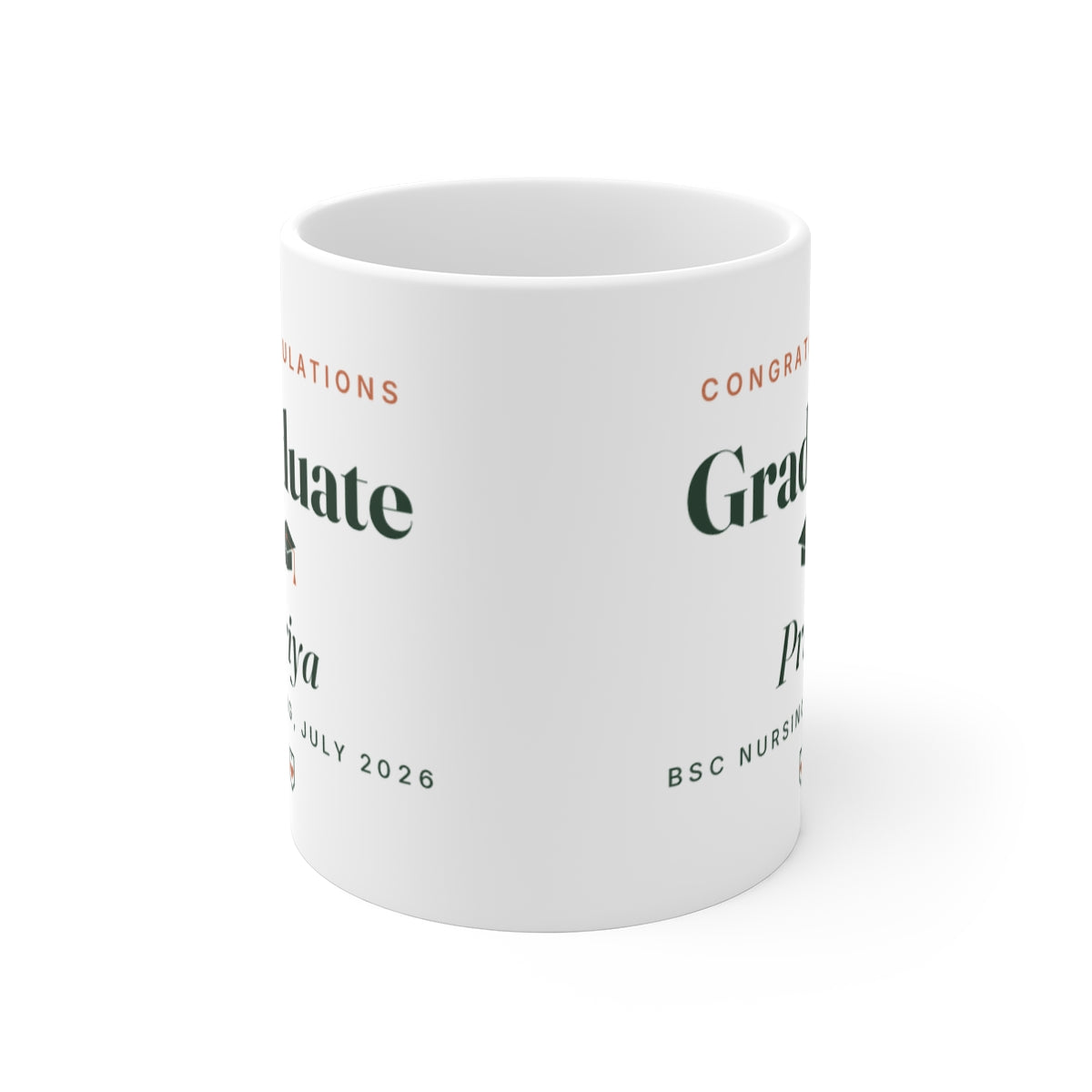 Personalised graduation mug mock-up from the front, handle hidden, showing the design printed on both sides of the mug