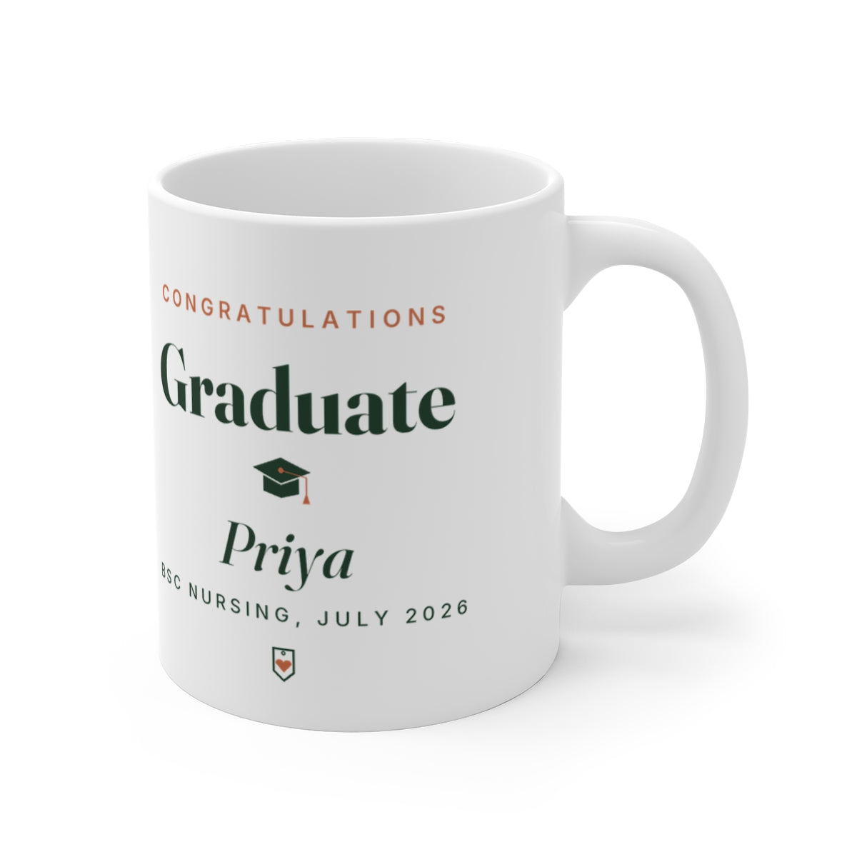 Personalised graduation mug mock-up, handle on the right, with the mortarboard motif between 'Graduate' and 'Priya'