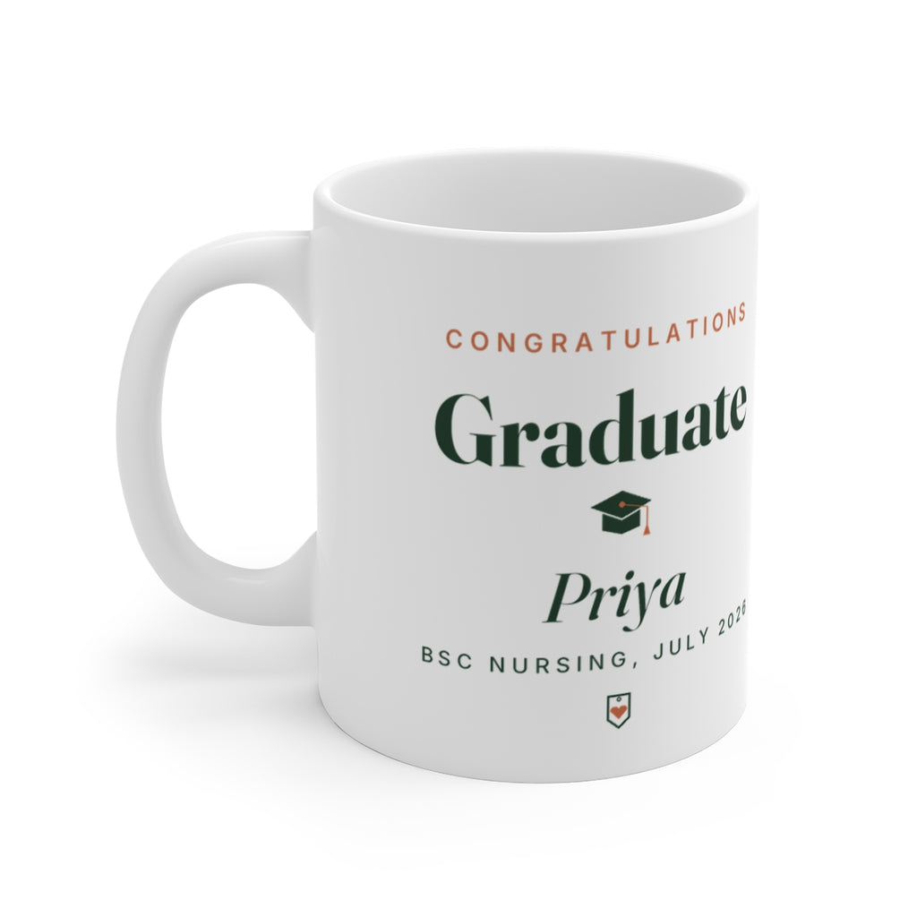 Personalised graduation mug mock-up, handle on the left, 'Congratulations Graduate', 'Priya' and 'BSC Nursing, July 2026'