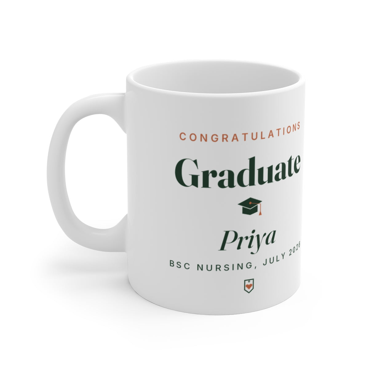 Personalised graduation mug mock-up, handle on the left, 'Congratulations Graduate', 'Priya' and 'BSC Nursing, July 2026'