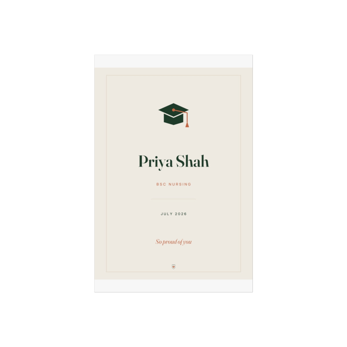 Personalised graduation print mock-up, flat at the smaller size with the mortarboard motif and the sample name 'Priya Shah'