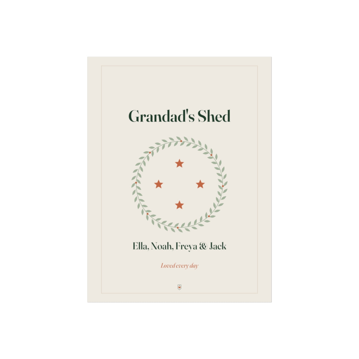 Personalised grandad print mock-up with four orange stars in a leaf wreath, 'Grandad's Shed' and 'Ella, Noah, Freya & Jack'