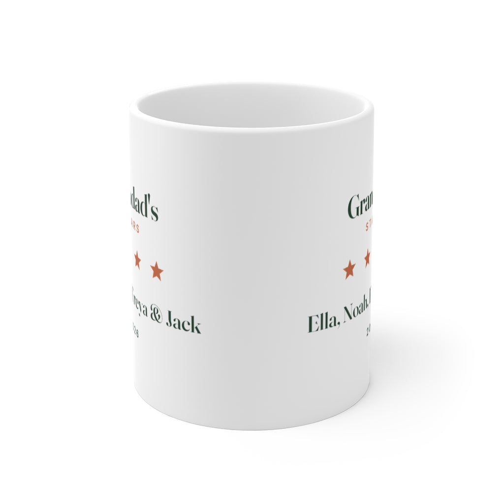 Grandad's Stars mug mock-up seen front-on with the handle hidden, showing the design printed on both sides of the mug