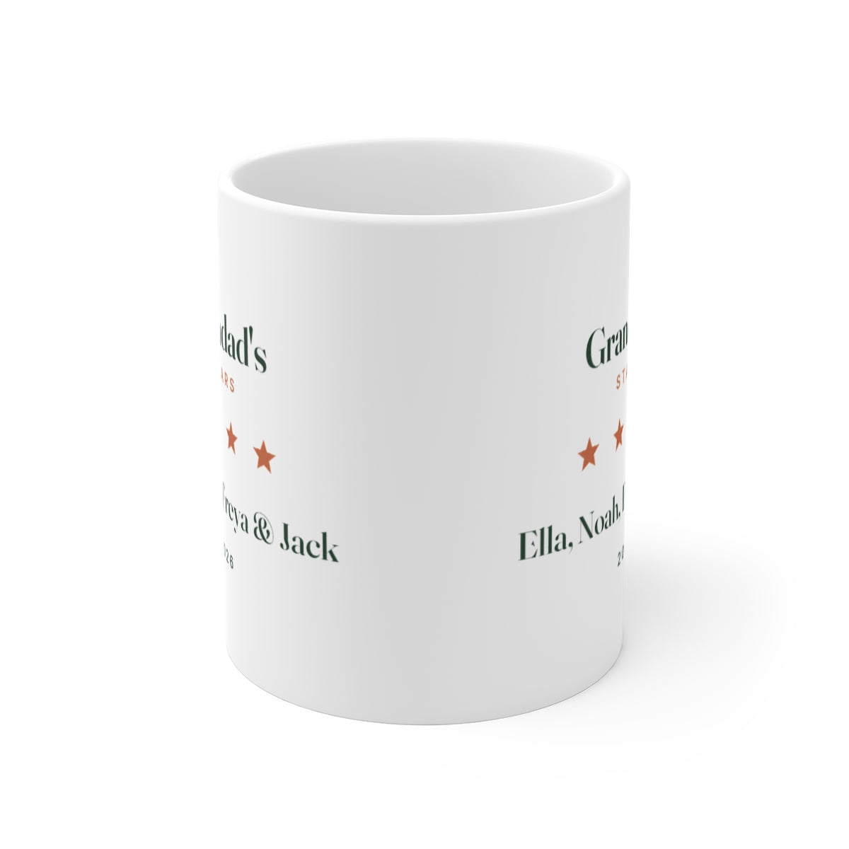 Grandad's Stars mug mock-up seen front-on with the handle hidden, showing the design printed on both sides of the mug