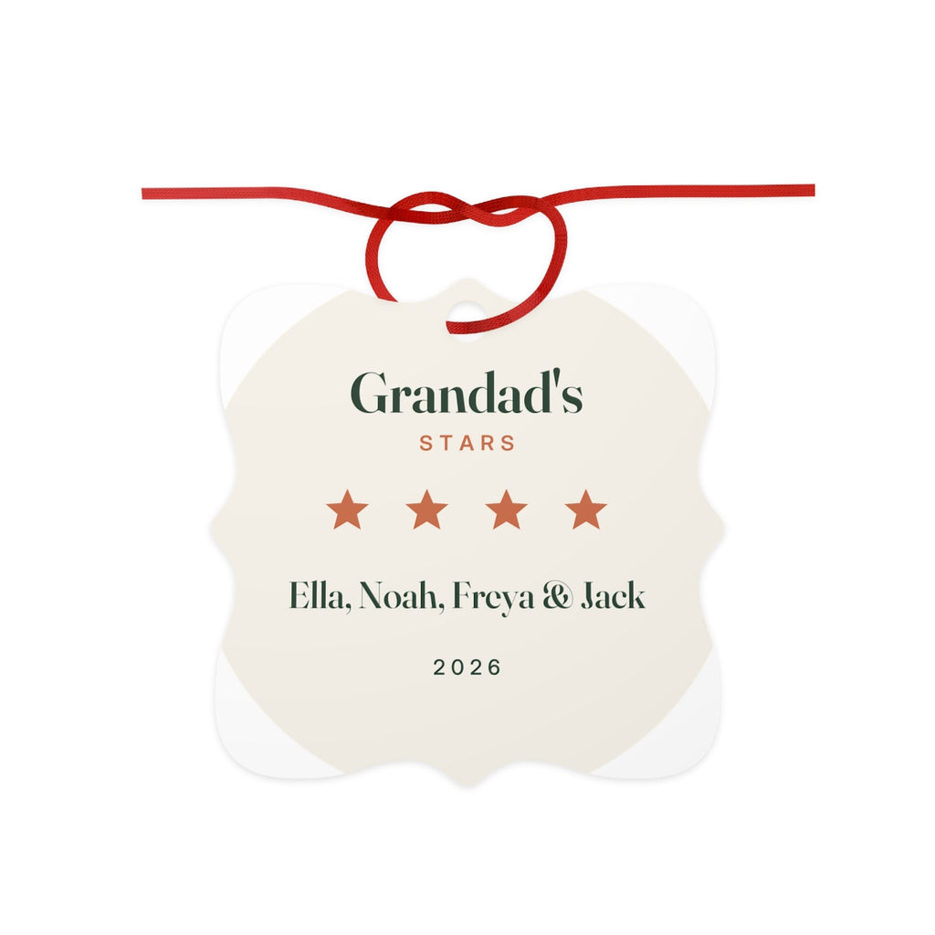 Personalised Grandad's Stars aluminium ornament mock-up, cream scalloped tag on a red ribbon with four stars and sample names