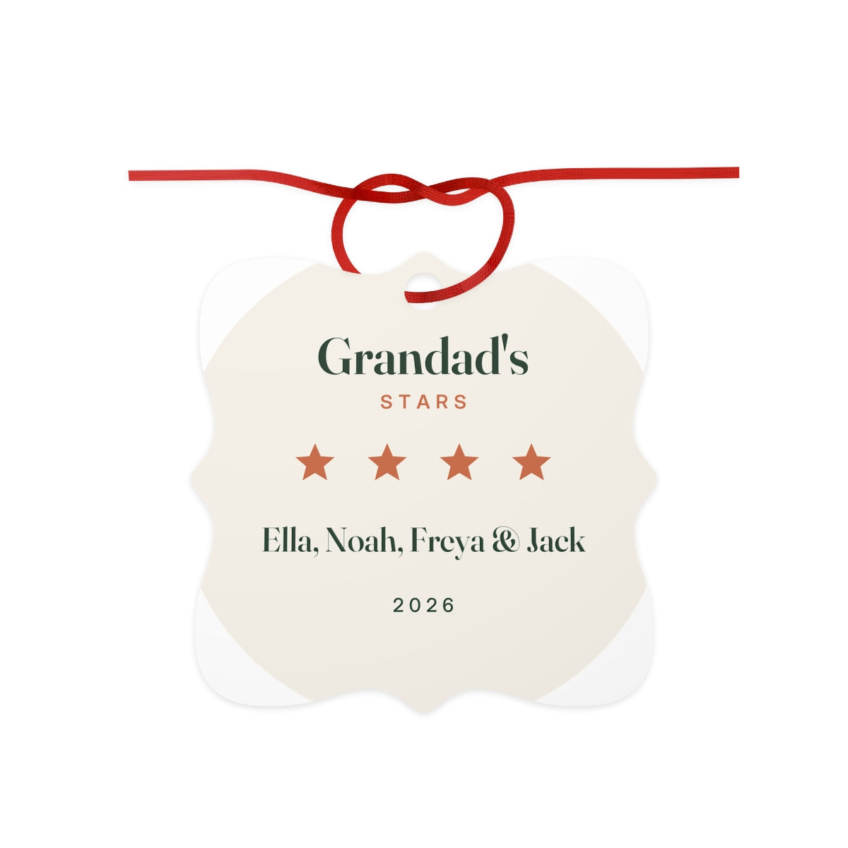 Personalised Grandad's Stars aluminium ornament mock-up, cream scalloped tag on a red ribbon with four stars and sample names