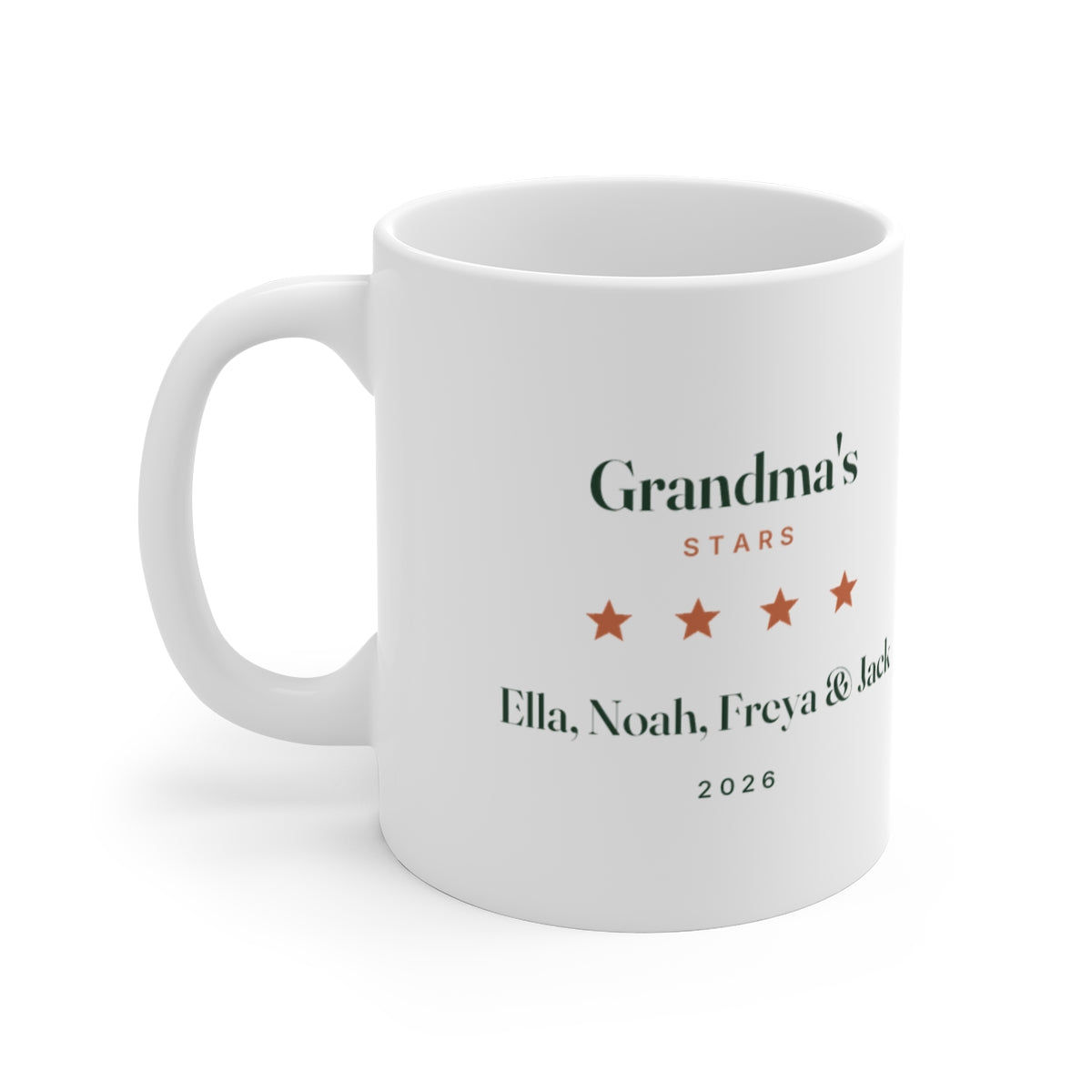 Personalised Grandma's Stars mug mock-up, printed 'Grandma's Stars', four stars, 'Ella, Noah, Freya & Jack' and '2026'