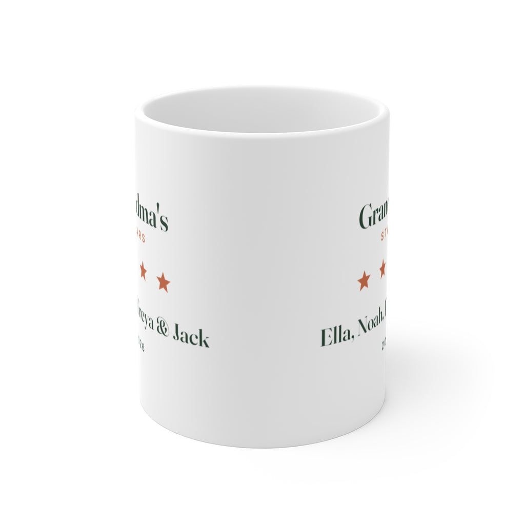 Grandma's Stars mug mock-up seen front-on with the handle hidden, showing the design printed on both sides of the mug