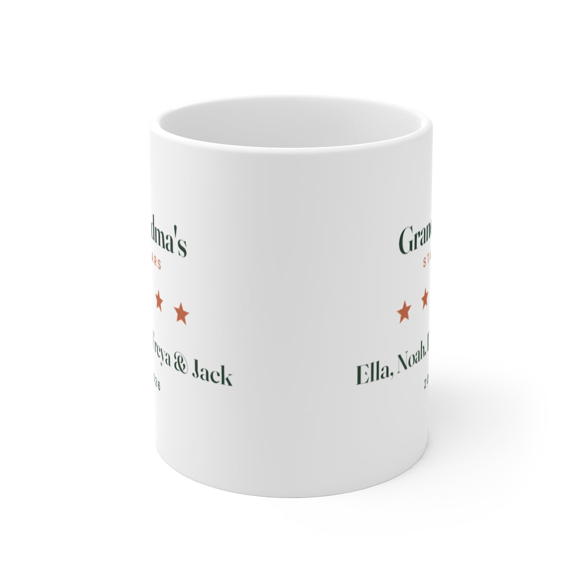 Grandma's Stars mug mock-up seen front-on with the handle hidden, showing the design printed on both sides of the mug