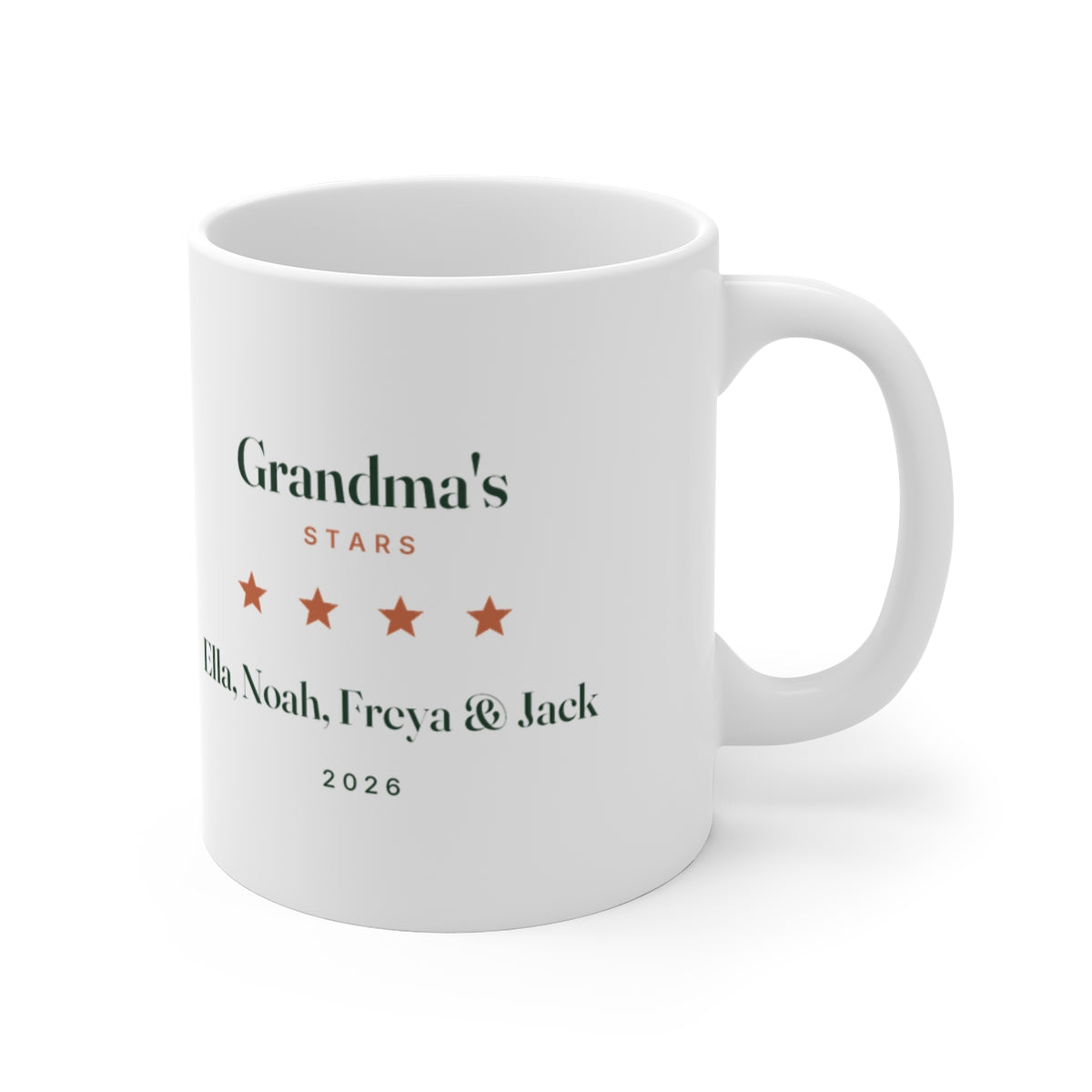 Grandma's Stars mug mock-up seen from the other side, handle on the right, sample names 'Ella, Noah, Freya & Jack'