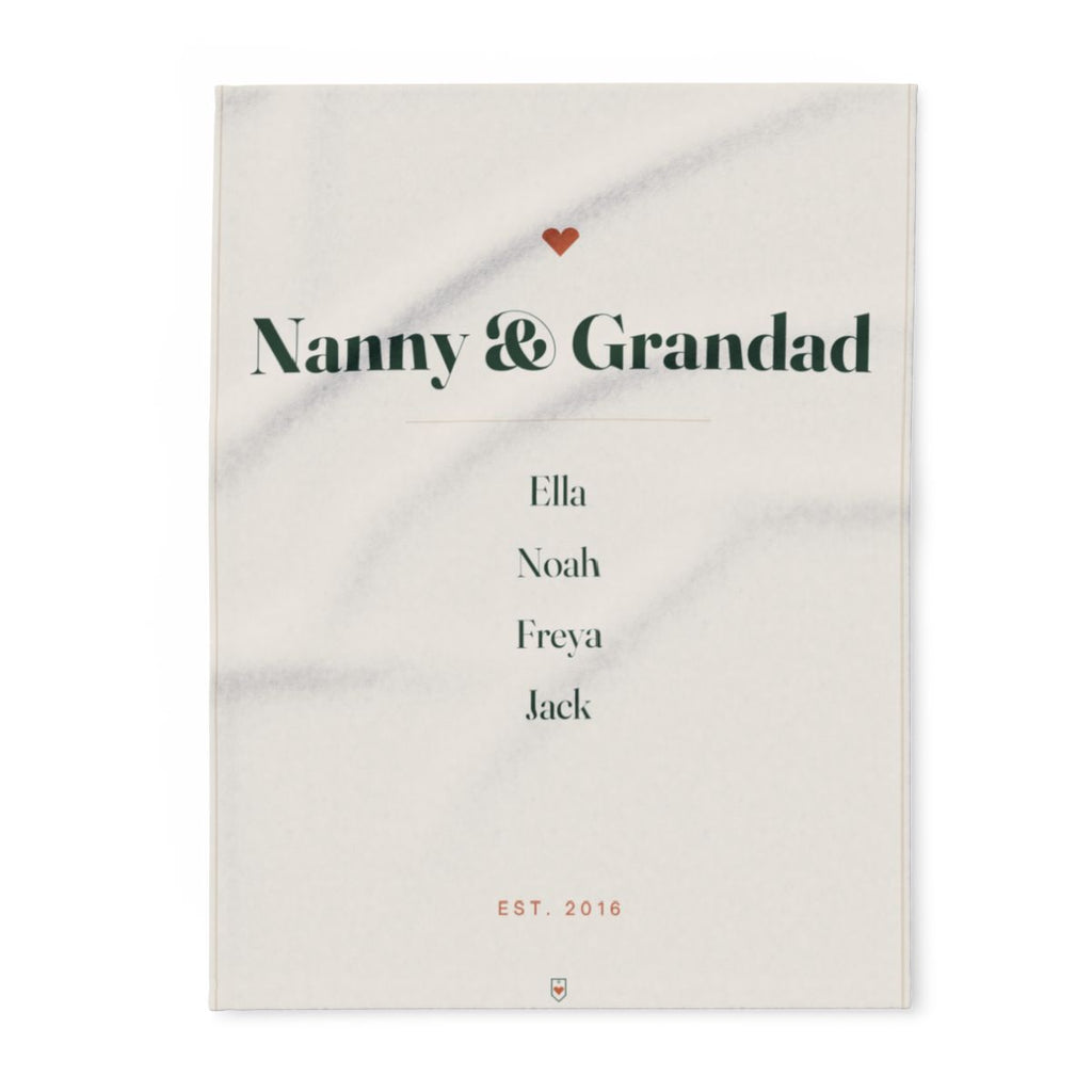 Personalised grandparents fleece blanket mock-up, cream with a red heart, 'Nanny & Grandad', four names and 'EST. 2016'