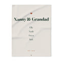 Personalised grandparents fleece blanket mock-up, cream with a red heart, 'Nanny & Grandad', four names and 'EST. 2016'