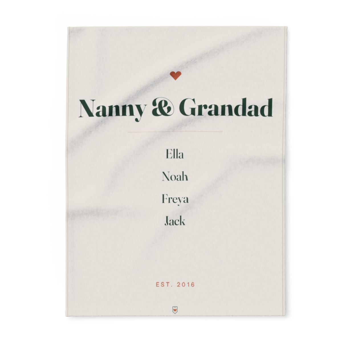 Personalised grandparents fleece blanket mock-up, cream with a red heart, 'Nanny & Grandad', four names and 'EST. 2016'