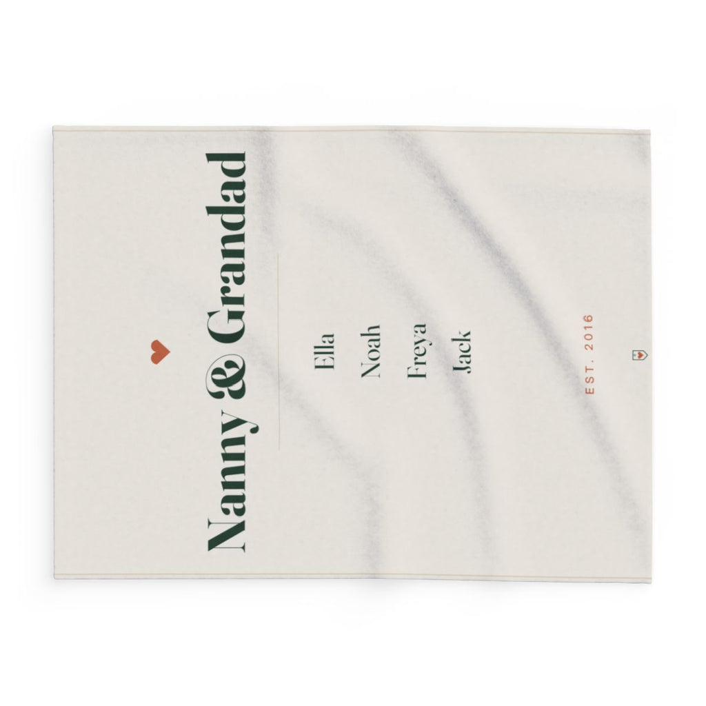 Grandparents names fleece blanket mock-up laid in landscape, 'Nanny & Grandad' and the names 'Ella, Noah, Freya, Jack'