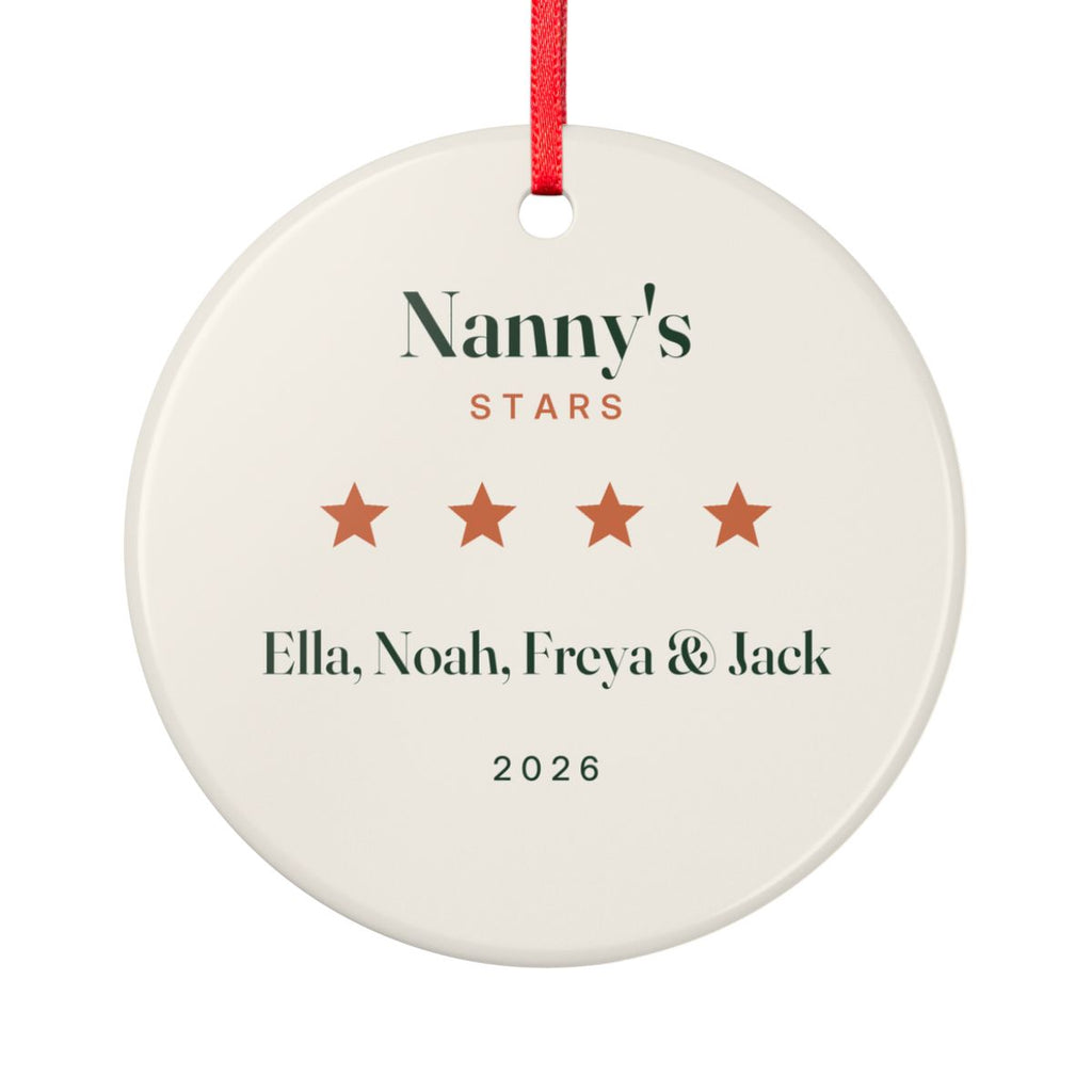 Personalised grandparents ceramic ornament mock-up, a round ornament on a red ribbon printed 'Nanny's Stars', four stars and names
