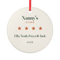 Personalised grandparents ceramic ornament mock-up, a round ornament on a red ribbon printed 'Nanny's Stars', four stars and names