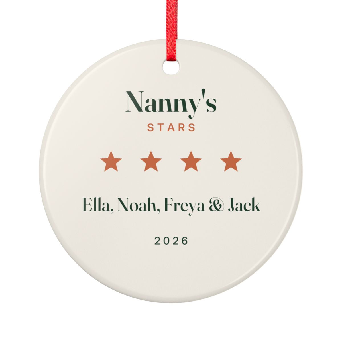 Personalised grandparents ceramic ornament mock-up, a round ornament on a red ribbon printed 'Nanny's Stars', four stars and names