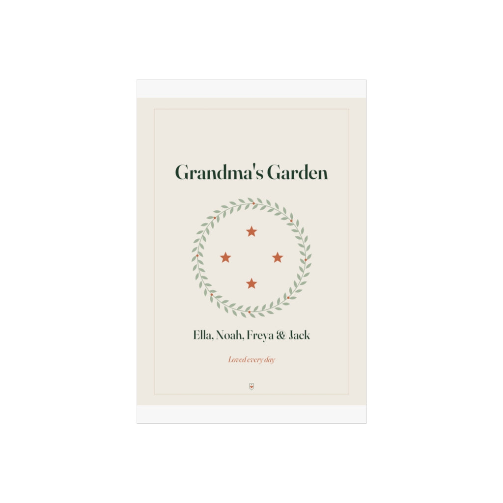 Grandma's Garden print mock-up on a taller sheet with white margins, wreath with four stars, names and 'Loved every day'