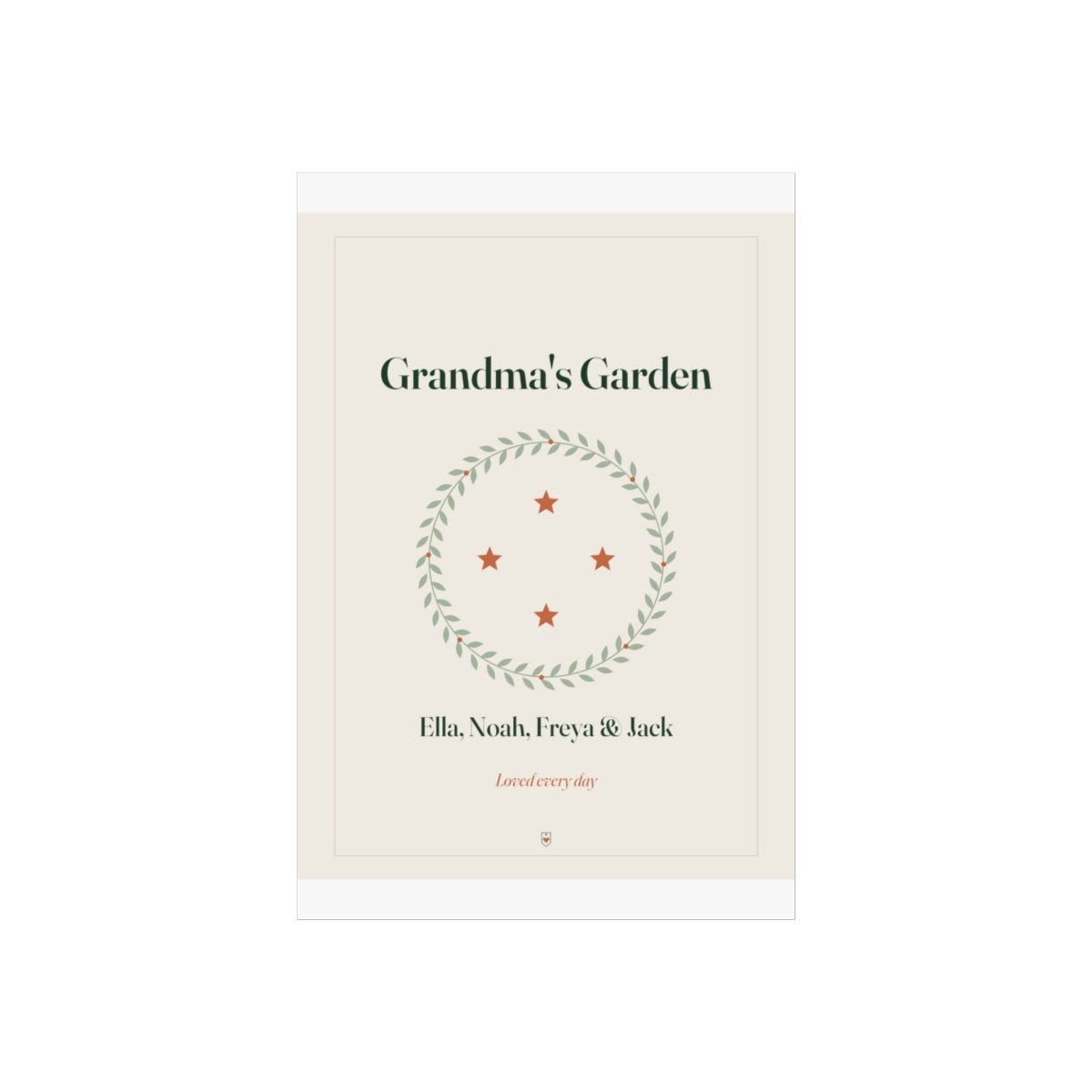 Grandma's Garden print mock-up on a taller sheet with white margins, wreath with four stars, names and 'Loved every day'