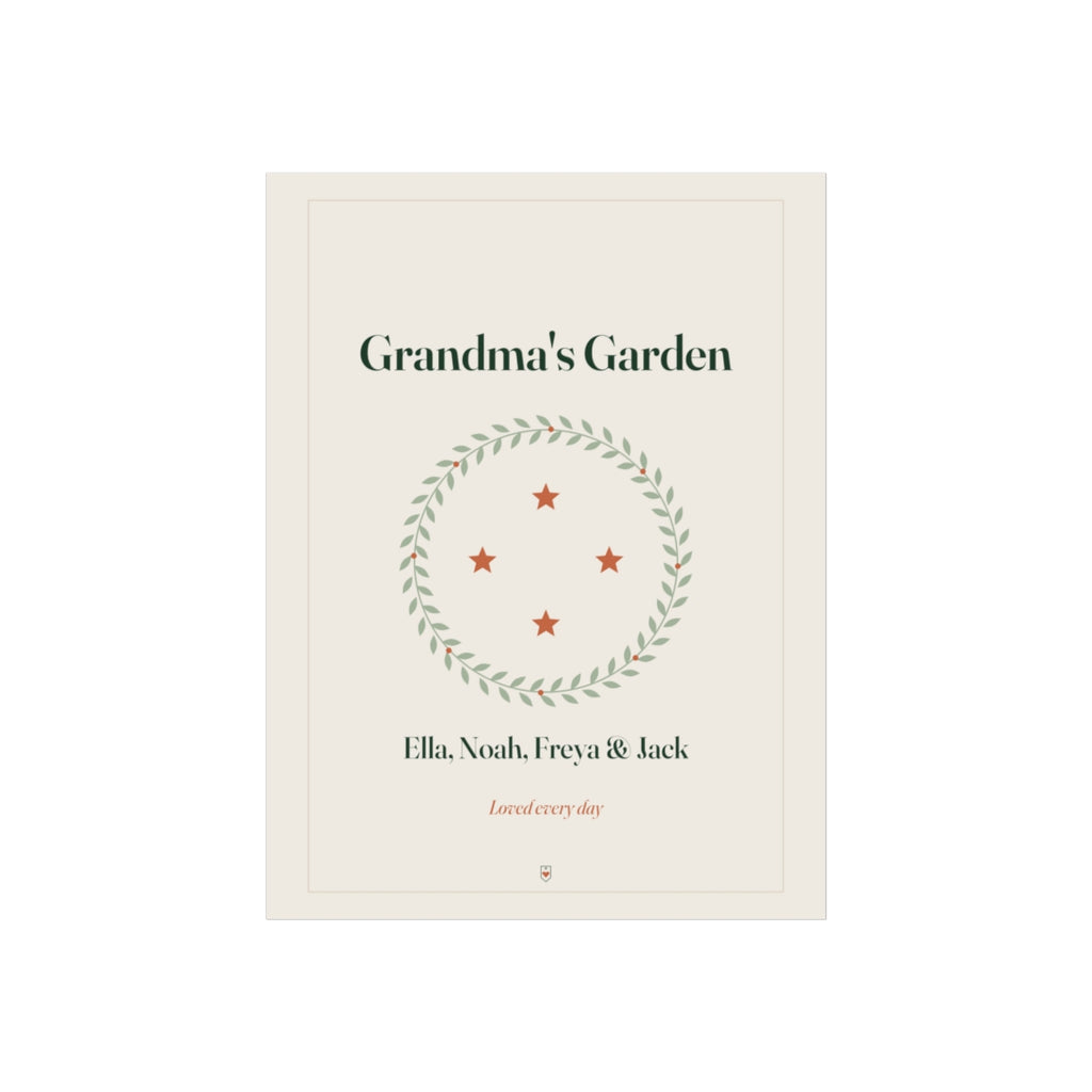 Personalised Grandparents print mock-up printed 'Grandma's Garden', a leafy wreath with four orange stars and sample names