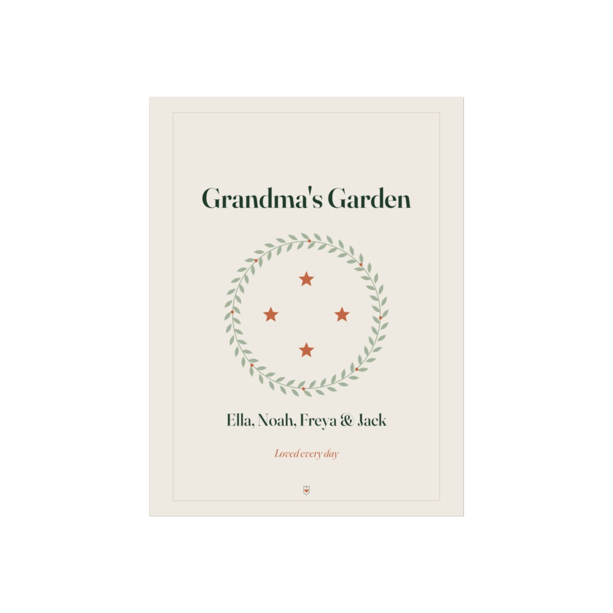Personalised Grandparents print mock-up printed 'Grandma's Garden', a leafy wreath with four orange stars and sample names