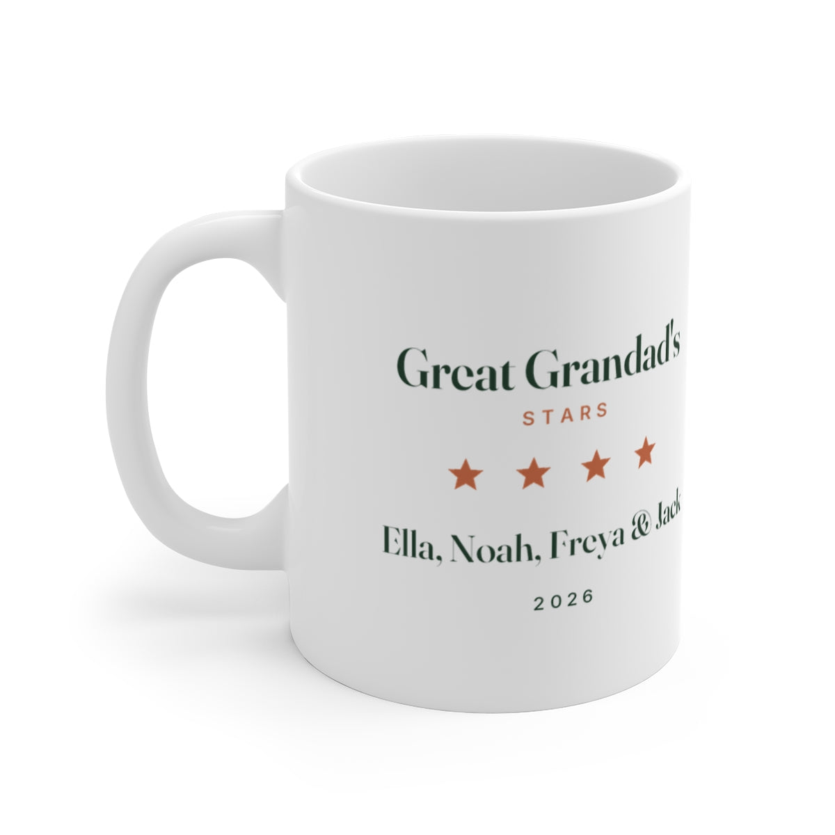 Personalised Great Grandad's Stars mug mock-up printed 'Great Grandad's Stars', four stars, sample names and '2026'