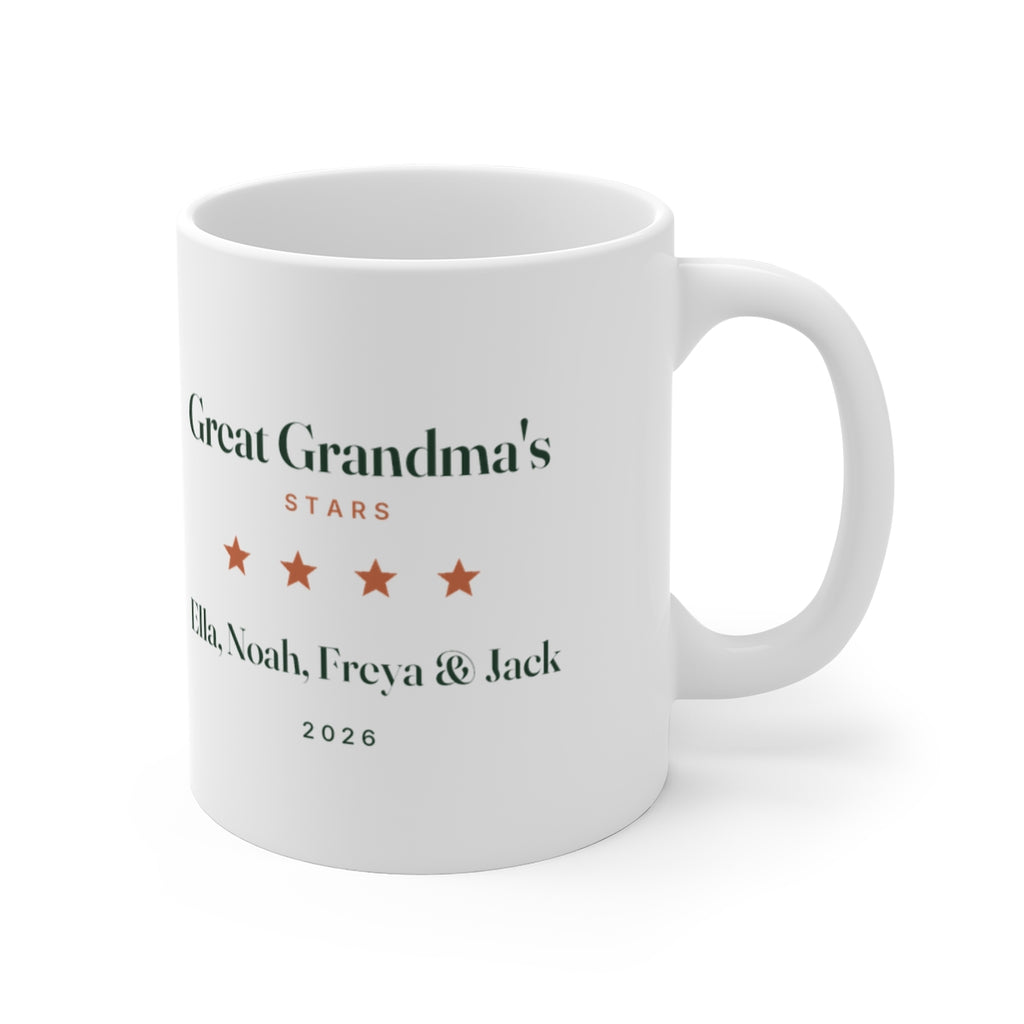 Great Grandma's Stars mug mock-up seen from the other side, handle on the right, sample names 'Ella, Noah, Freya & Jack'